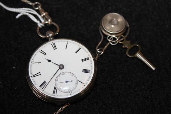 Victorian silver open face keywind pocket watch with silver dress chain & dice fob